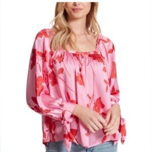 Jessica Simpson Trey Gypsy-Fern Satin Floral Top Bow Tie Sleeve Romantic Boho 1X